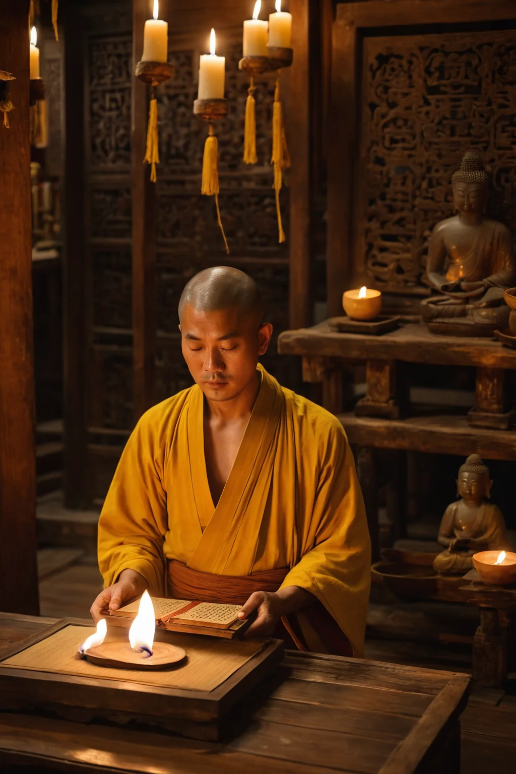 Monk performing ritual ceremony with candlelight